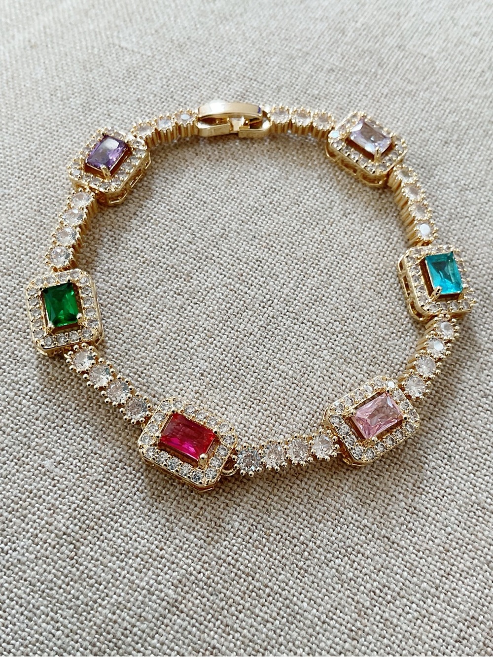 Multicolor Crystal Tennis Bracelet Gold Tone Emerald Cut Rhinestones